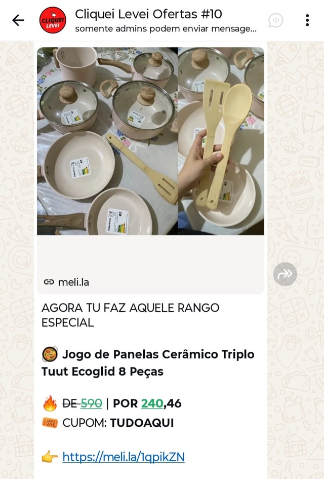 Print real de oferta enviada no grupo Cliquei Levei: jogo de panelas cerâmico