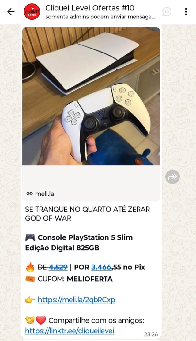 Print real de oferta enviada no grupo Cliquei Levei: PlayStation 5 Slim