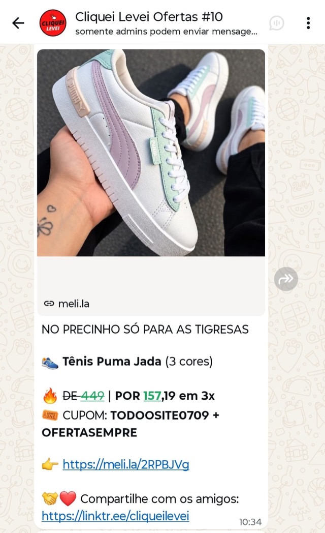 Print real de oferta enviada no grupo Cliquei Levei: tênis Puma Jada