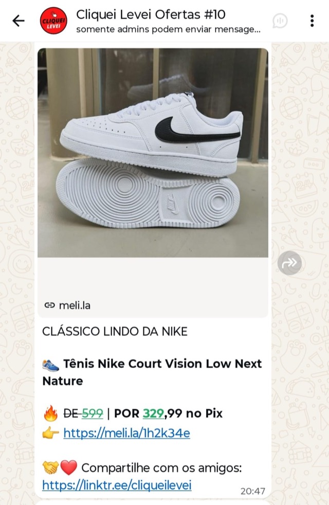 Print real de oferta enviada no grupo Cliquei Levei: tênis Nike Court Vision