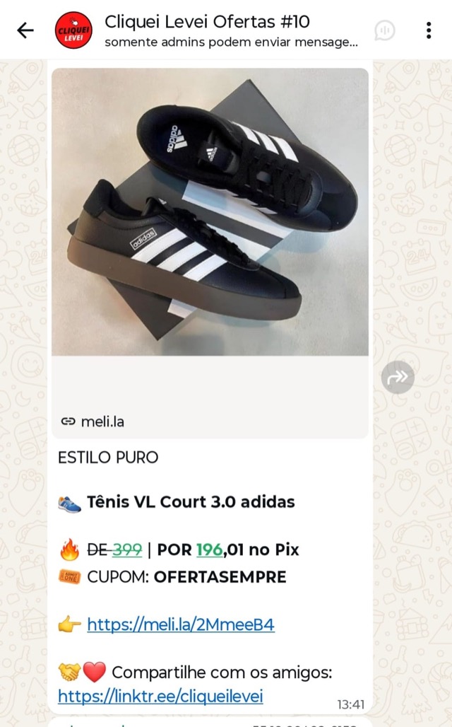 Print real de oferta enviada no grupo Cliquei Levei: tênis Adidas VL Court 3.0